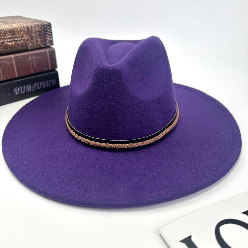 Hot autumn and winter new European and American style monochrome men's and women's belt hats simple woolen flat brim big edge jazz hats