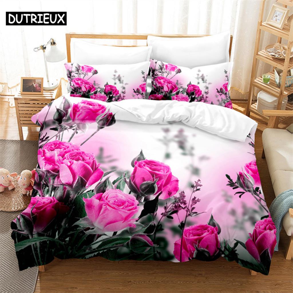 3D Digital Printing Fashion Design Natural Flowers Bedding Set, Queen Size Duvet Cover Set