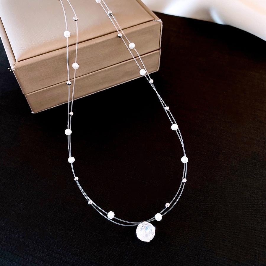 Korean minimalist round zircon beaded pearl necklace collarbone chain fashionable and exquisite versatile necklace