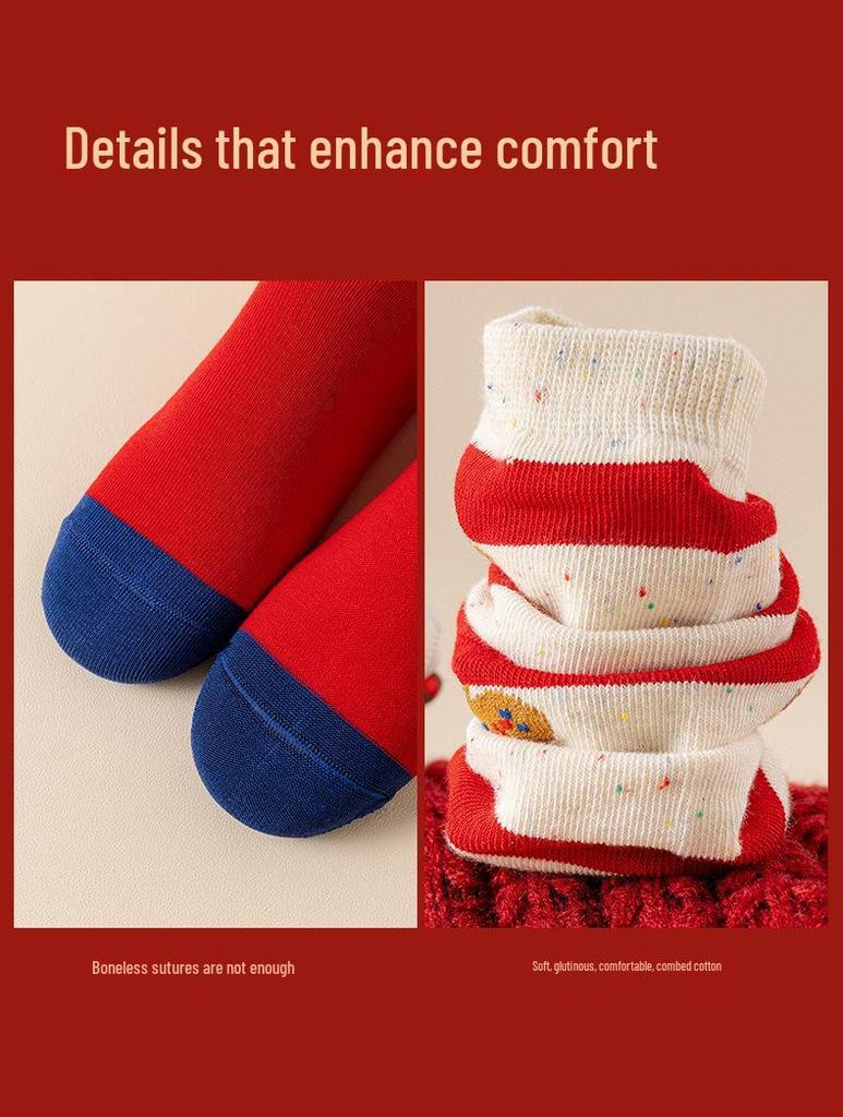 Festive Red Cartoon Mid-Calf Socks for Boys and Girls - Comfortable and Non-Constricting for Autumn and Winter