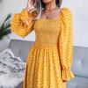 Spring Summer Square Neck Long Sleeve Holiday Cotton Dress Pleated Long Women's Dresses