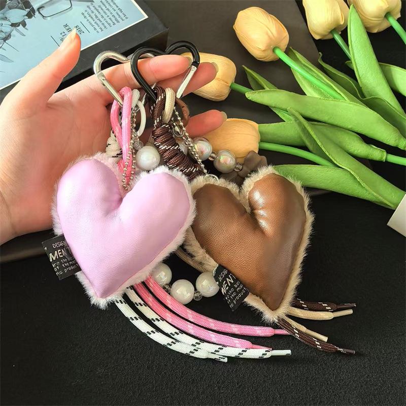 Brand Plush Heart Beaded Bag Pendant Brown High-end Sweet Love Letter Ins Leather Bow Pendant Korea Fashion Keychain Giftpendant