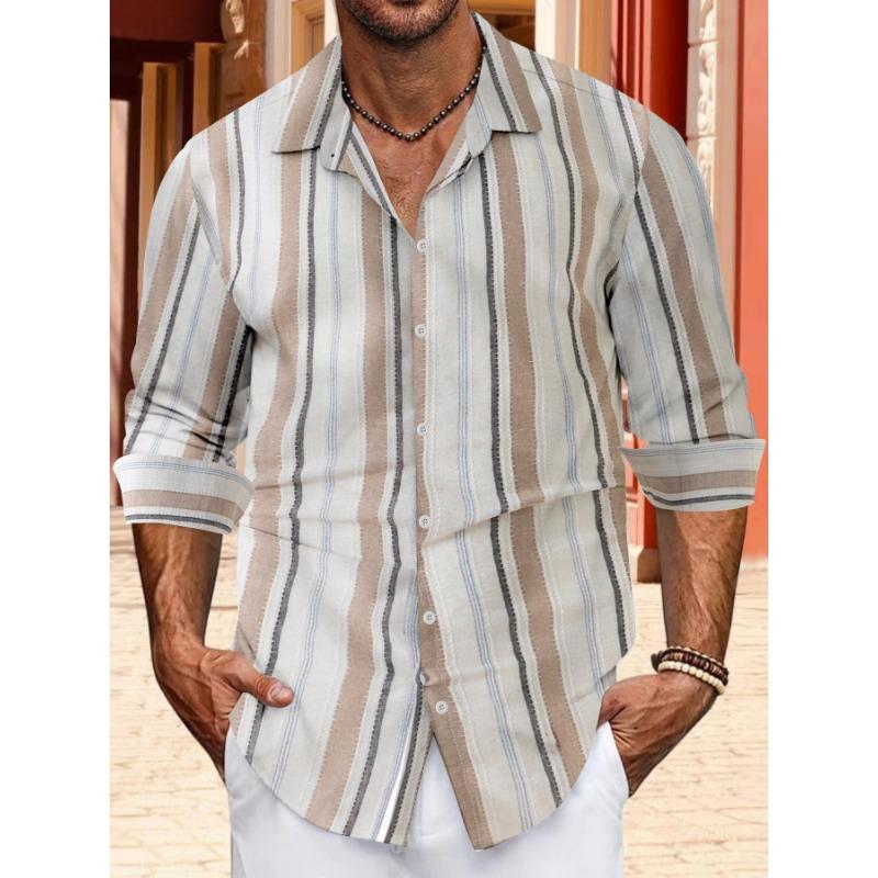 

Рубашка поло из хлопка и льна с пуговицами на лацканах для мужчин в полоску на весну и осень XXXL коричневый