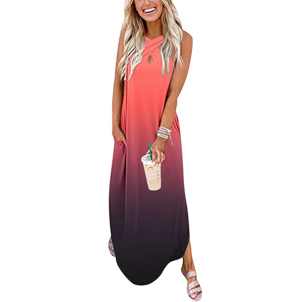 Fashion Women Casual Cross Neck Loose Print Pocket Long Dress Sleeveless Open Dress