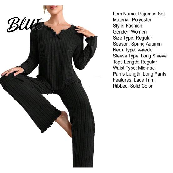 Women Pajama Set 2Pcs/Set Pajamas V-Neck Long Sleeve Lace Trim Tops Casual Home Clothing Elastic