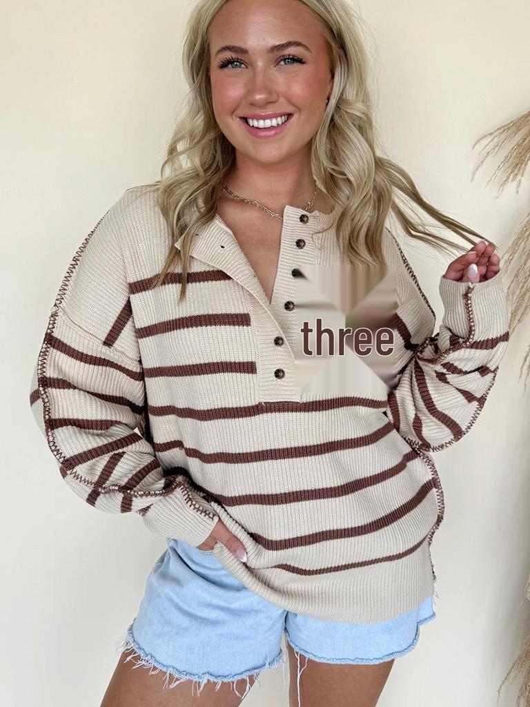 2025 Fall/Winter Women's V-Neck Striped Pullover Sweater - European & American Fashion Trend