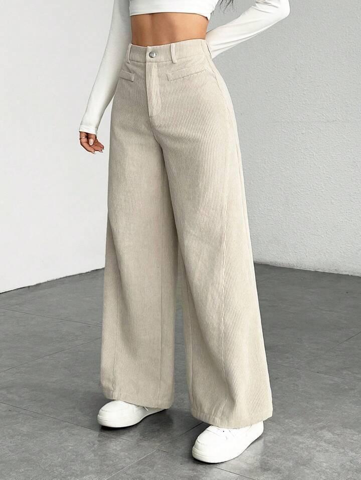 Women High Waist Corduroy Wide Leg Pants Solid Color Loose Fit Casual Long Trousers For Autumn