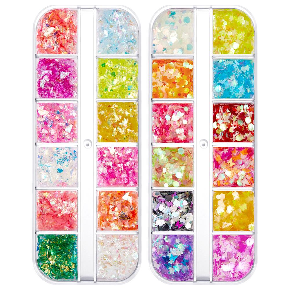 12-Gitter Valentinstag Nailart Pailletten, Glänzende Bunte Liebessterne Sechseckige Pailletten Nailart Schmuck