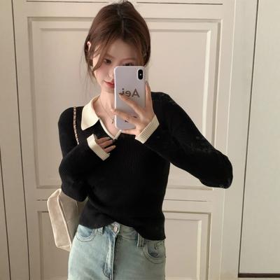 Contrasting Color POLO Neck Long-sleeved Knitted Sweater Women's Winter Slim-fit Casual Shirt with Niche Inside