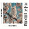 1Pc Fluffy White Cat Cherry Blossom Shower Curtain - Blue Eyes, Pink Flowers, Realistic Tree Branch Design, Polyester With