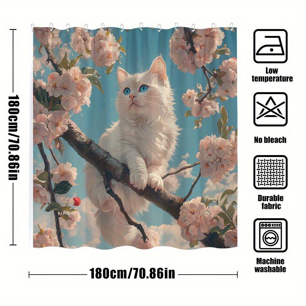 1Pc Fluffy White Cat Cherry Blossom Shower Curtain - Blue Eyes, Pink Flowers, Realistic Tree Branch Design, Polyester With