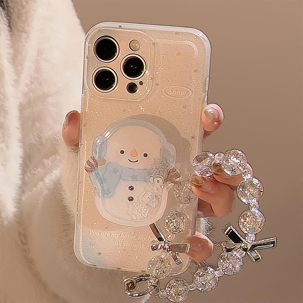 Winter Snowman Shaking Music Stand Applicable To Apple 16 Mobile Phone Case Glitter Powder Iphone15promax Hanging Chain 14 Soft
