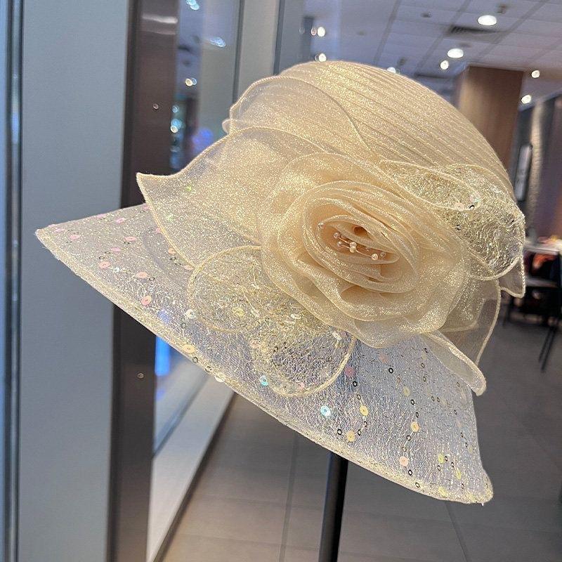 New women's fresh and versatile mesh sequin printed lace flower sun hat vacation travel sun protection