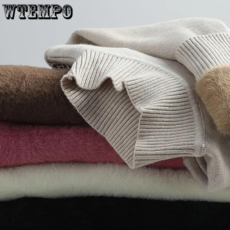 WTEMPO Vintage Turtleneck Winter Sweaters New Casual Knitted Pullover Fashion Fleece Lined Thick Warm Knitwear Women Velvet Tops