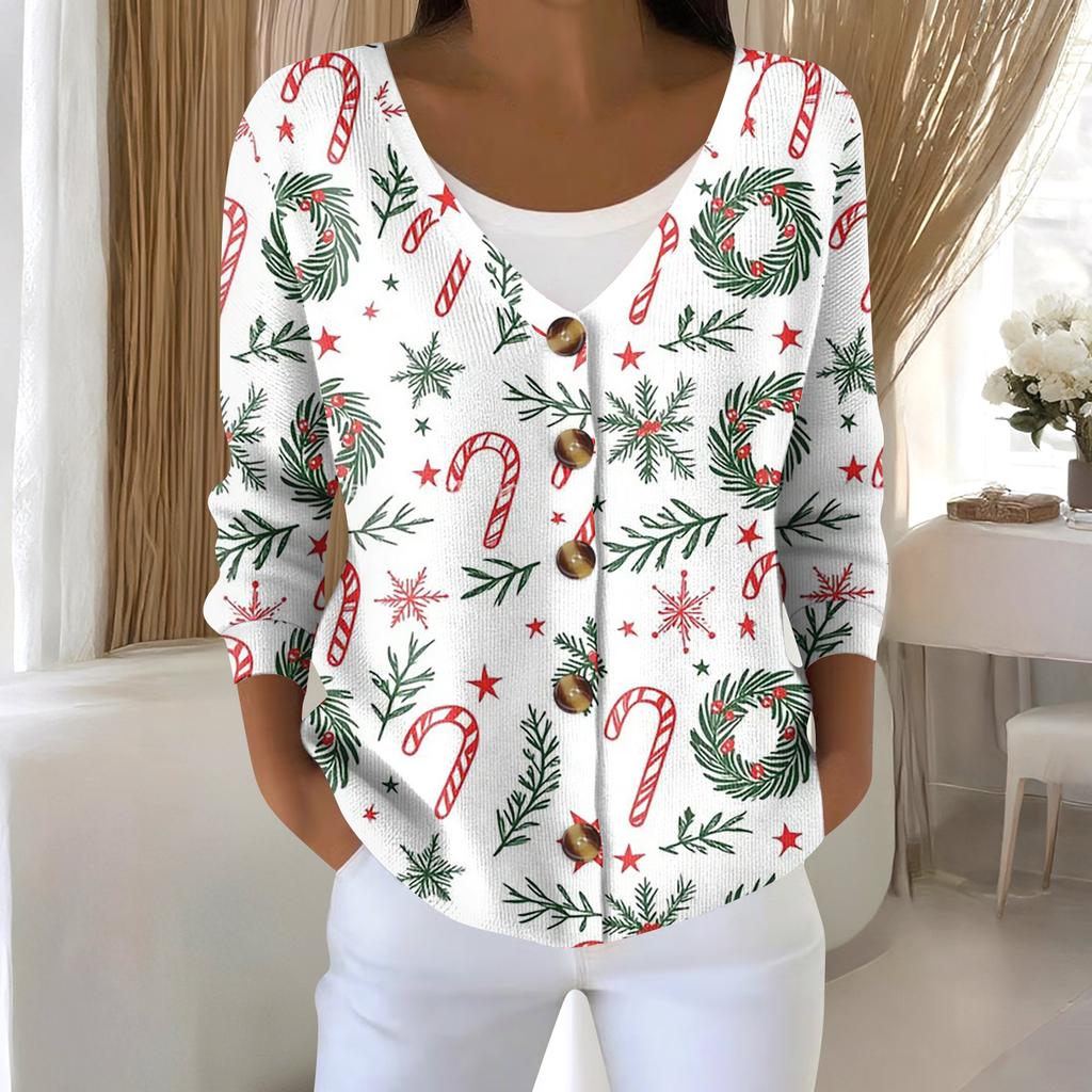 Damenmode Langarm Weihnachten Schneemann Schneeflocke Druck Jacke Strickjacke