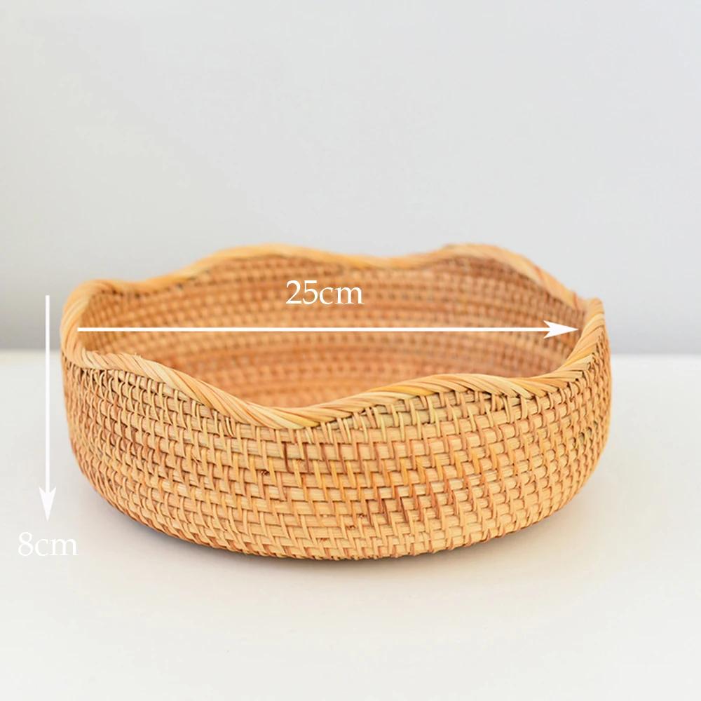 Rattan Woven Wicker Storage Tray Fruits Bread Baskets Handmade Crafts Tableware for Kitchen Countertop Decor Round Organizer