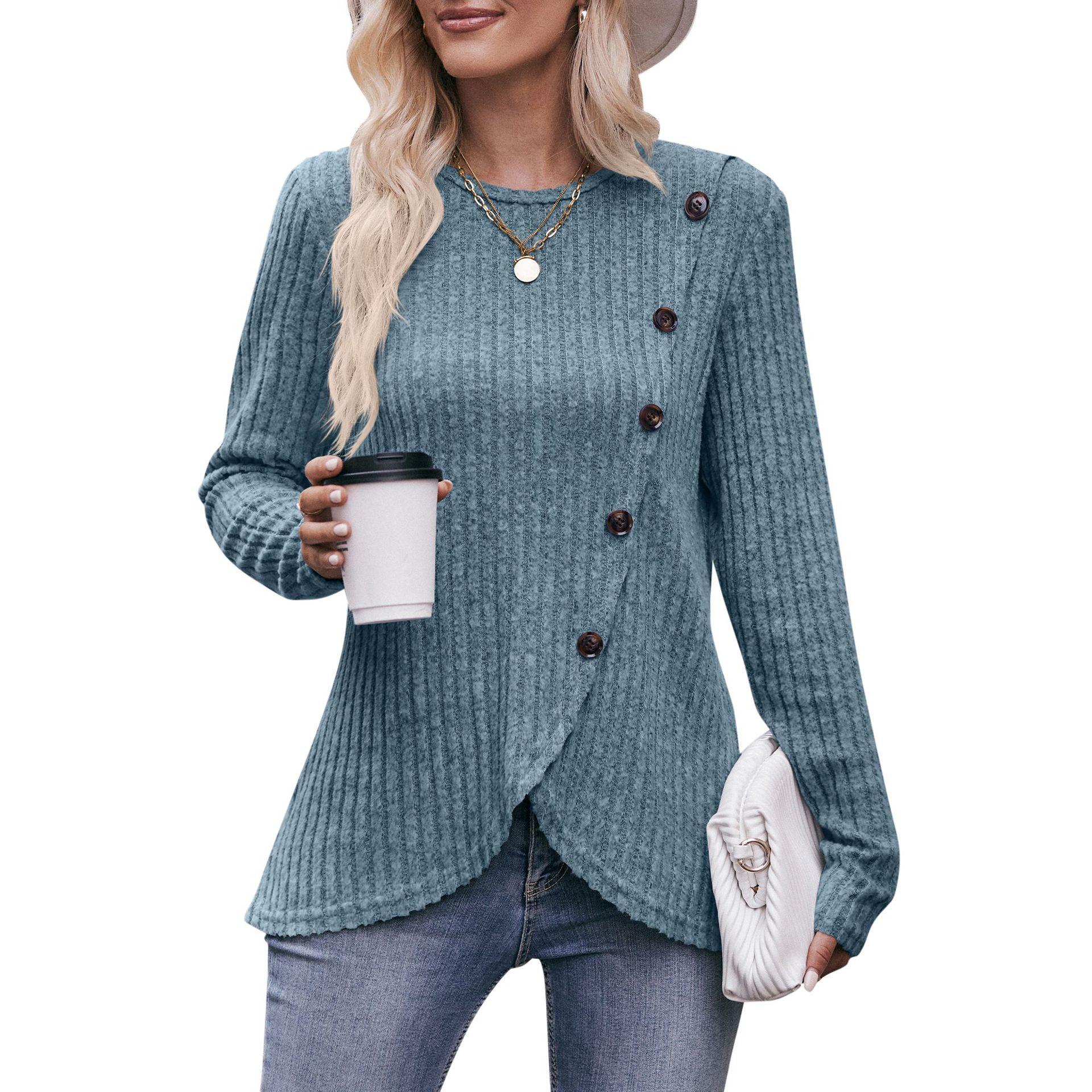 

Женская осенне-зимняя модная однотонная асимметричная ребристая базовая футболка с пуговицами, повседневная уличная одежда, свободные топы с длинным рукавом, Ropa De Mujer XXL серо голубой