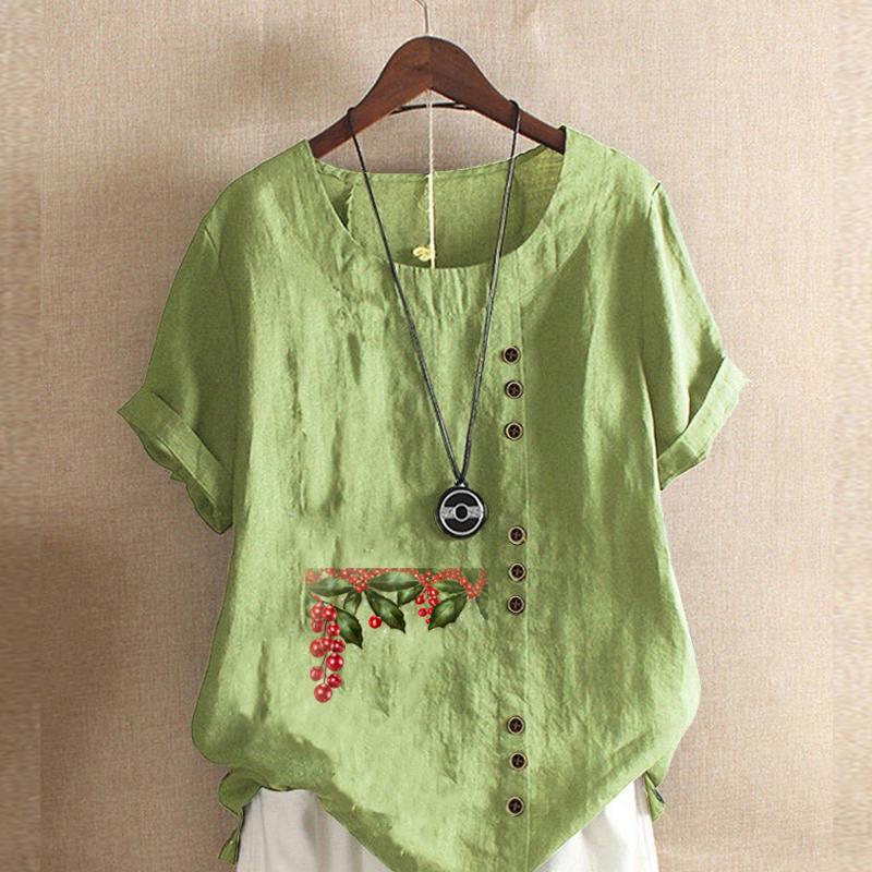 

Женская мода китайский боярышник печать круглый вырез короткий рукав футболка повседневная хлопок лен графическая рубашка досуг свободные летние блузки топы 5XL зелёный