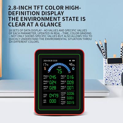 Monitor de Qualidade do Ar 18 em 1 com Monitor de CO2/HCHO/TVOC/Temperatura/Umidade Display TFT Medidor de Qualidade do Ar para Casa Escritório Escola