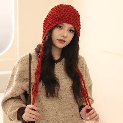 Hand-woven Fringed Knitted Hat Women's Autumn and Winter New Warm Ear Protection Hat Big Head Circumference Showing Face Small Head Hat
