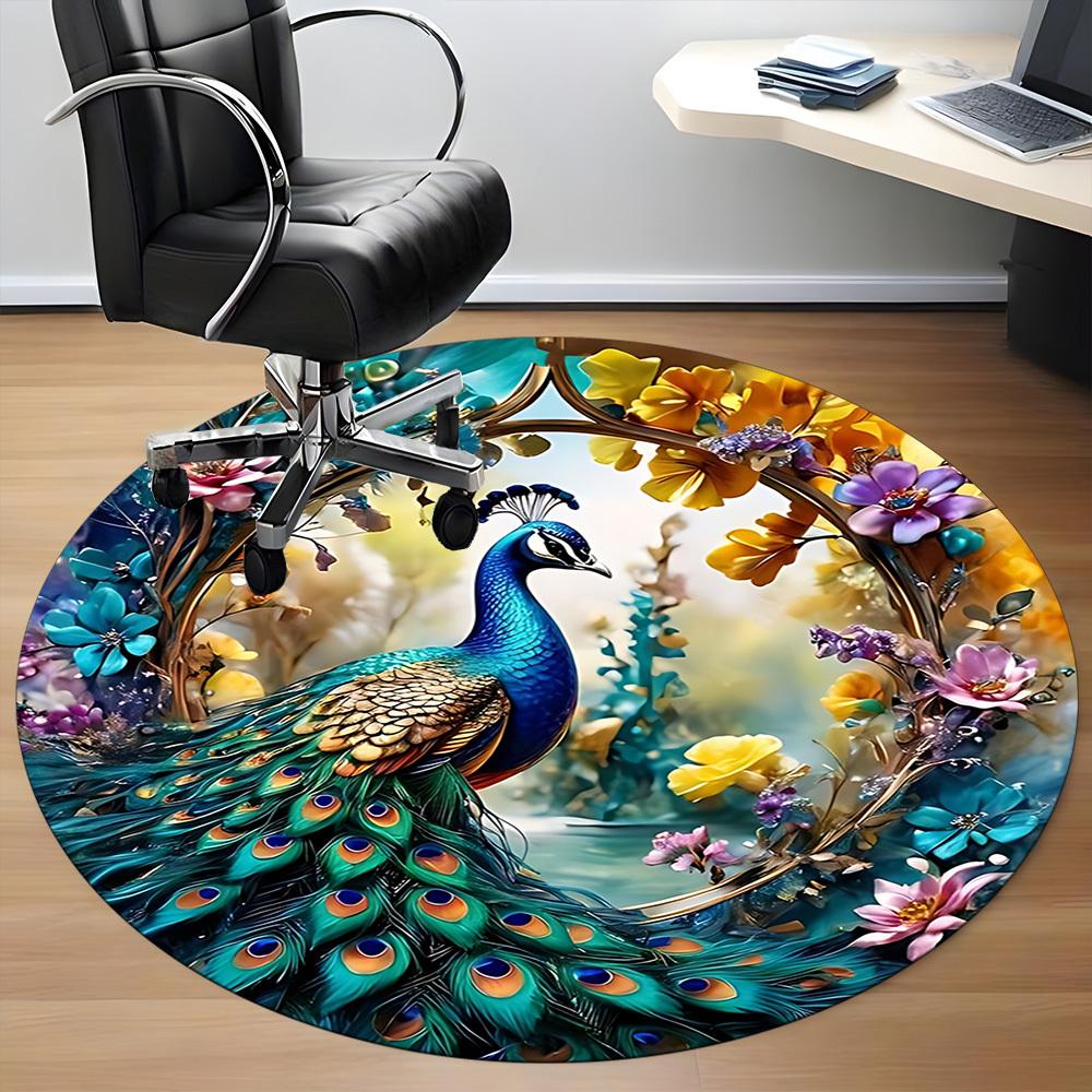 1pc Peacock Feather Print Chair Carpet for Office Non-Slip, Machine Washable Rug for Office, Sleeping, Room - Holiday Decor