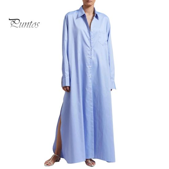 

Женское платье-рубашка с лацканами, длинным рукавом, боковым разрезом, повседневная рубашка, однотонное платье макси с застежкой на пуговицы, повседневная одежда синий