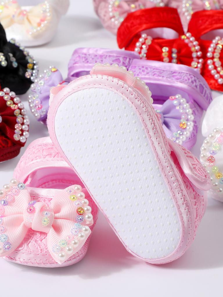 Baby Girls Lace Pearl Rhinestone Bow Crib Shoes & Matching Crochet Headband Set, Soft Dot Anti-Slip Magic Tape Mary Jane Princess Shoes