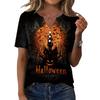 Women's Casual Halloween Printed V Neck Short Sleeve Button Front T Shirt Top for Everyday Wear Seasonal Themed Tee
