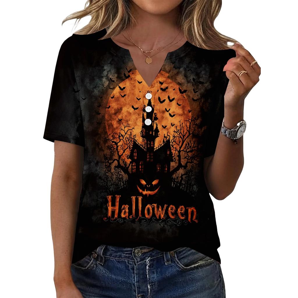 Women's Casual Halloween Printed V Neck Short Sleeve Button Front T Shirt Top for Everyday Wear Seasonal Themed Tee