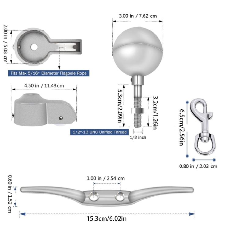 Komplettes Fahnenmast-Upgrade-Set 3 Zoll Goldene Kugel 2 Zoll Aluminium-Mastkopf mit Nylonrolle für müheloses Fahnenhissen