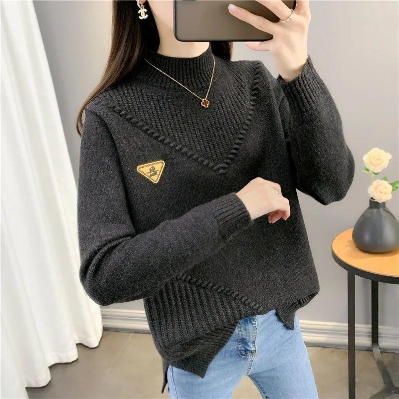 

Большой размер однотонный свитер с воротником-стойкой, повседневный свитер с длинным рукавом для осени и зимы, женская одежда больших размеров 3XL чёрный