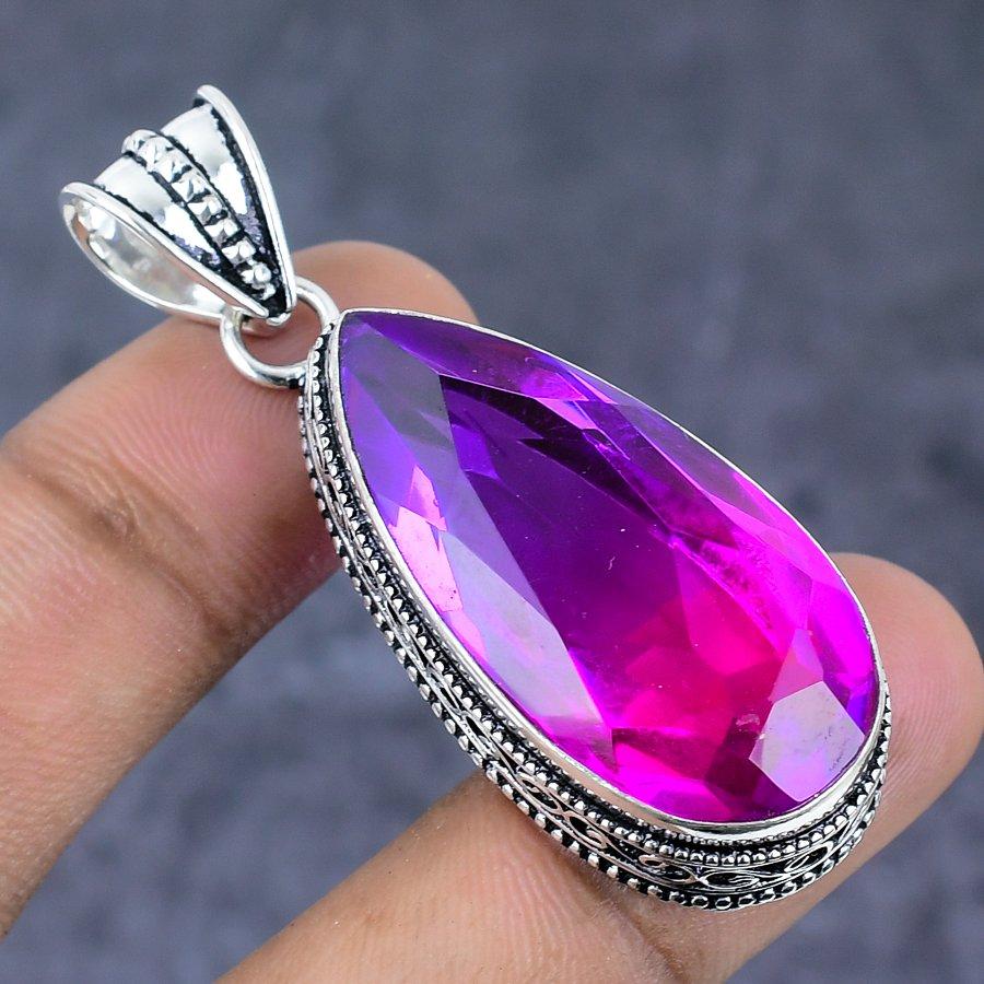 Pink Rubillite Gemstone Handmade 925 Sterling Silver Jewelry Pendant 2.17" q7K28