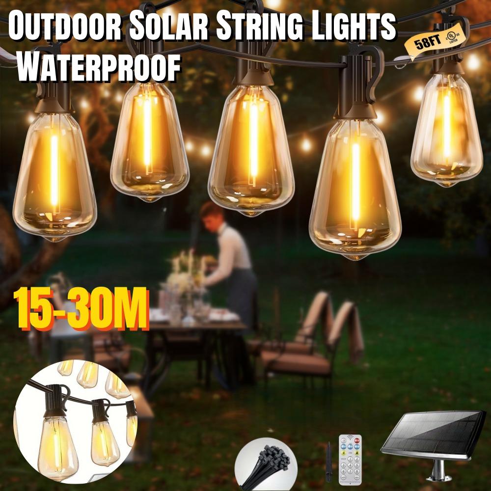 Outdoor Solar String Lights Waterproof 58FT with 15-30 Shatterproof ST38 LED Bulbs Outdoor with Remote Solar String Lights for Camping Yard Party