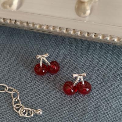 Mini Small Resin Cherry Stud Earrings Femininity Sweet Personality Trendy Commuter Elegant Versatile Earrings
