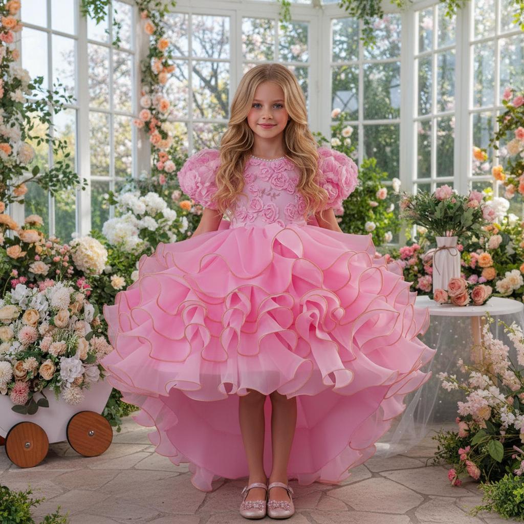 2025 New Children's Princess Dress with Rose 3D Appliques, Bow, and Cake Train