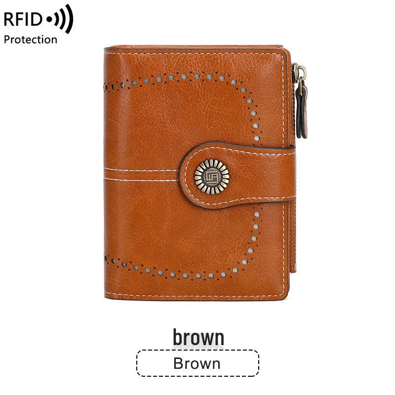 2023 RFID Women's Oil Wax Leather Wallet: Short Card Holder with Coin Purse and Fashion Buckle Zipper.