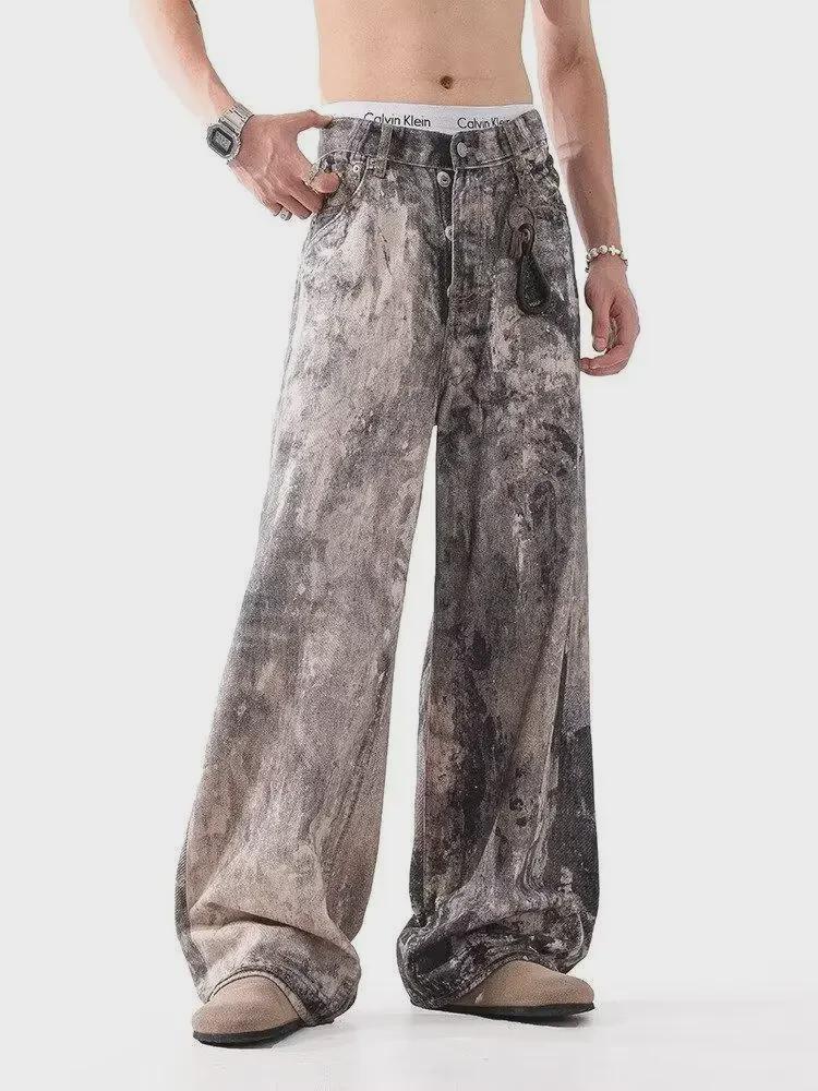 2024 Blugi Unisex cu Talie Înaltă și Picior Larg, Vopsiți prin Jet de Cerneală, Distresați