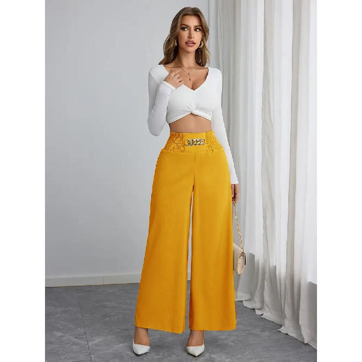 Women's new high waisted slimming style commuting solid color chain spring and autumn wide leg pants