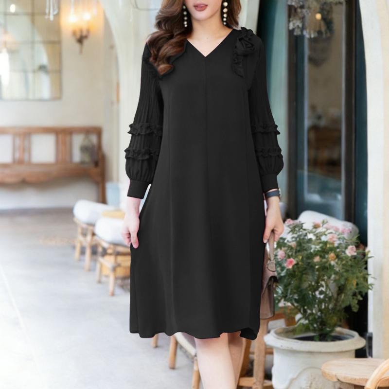 ZANZEA Women Casual V-Neck Loose 3/4 Sleeve 3D Flowers Splice Dress