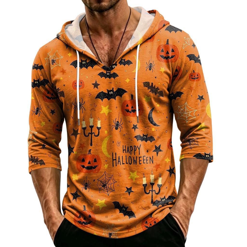 Men's Loose Fit Casual Hoodie Three Quarter Sleeve Pullover Halloween Pumpkin Pattern Lightweight Breathable Top for Everyday Wear