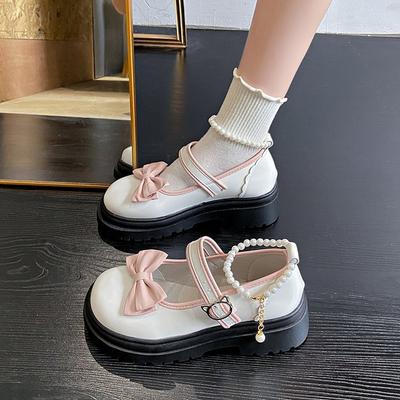 Damen Kawaii Lolita Schuhe Japanischer Stil Vintage Studentenmädchen Perlen Schleife Komfort Pumps Runde Spitze Plateau Hohe Absätze