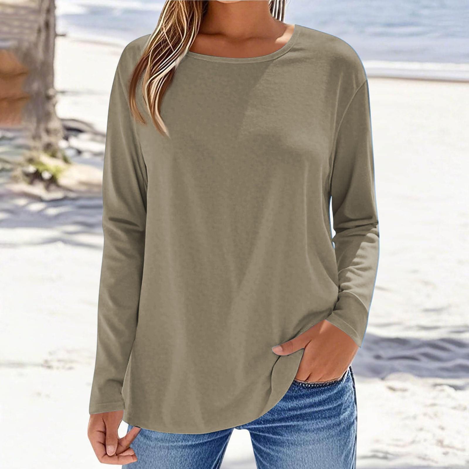 

Женская модная повседневная однотонная футболка с длинным рукавом и круглым вырезом Футболка с круглым вырезом XL хаки