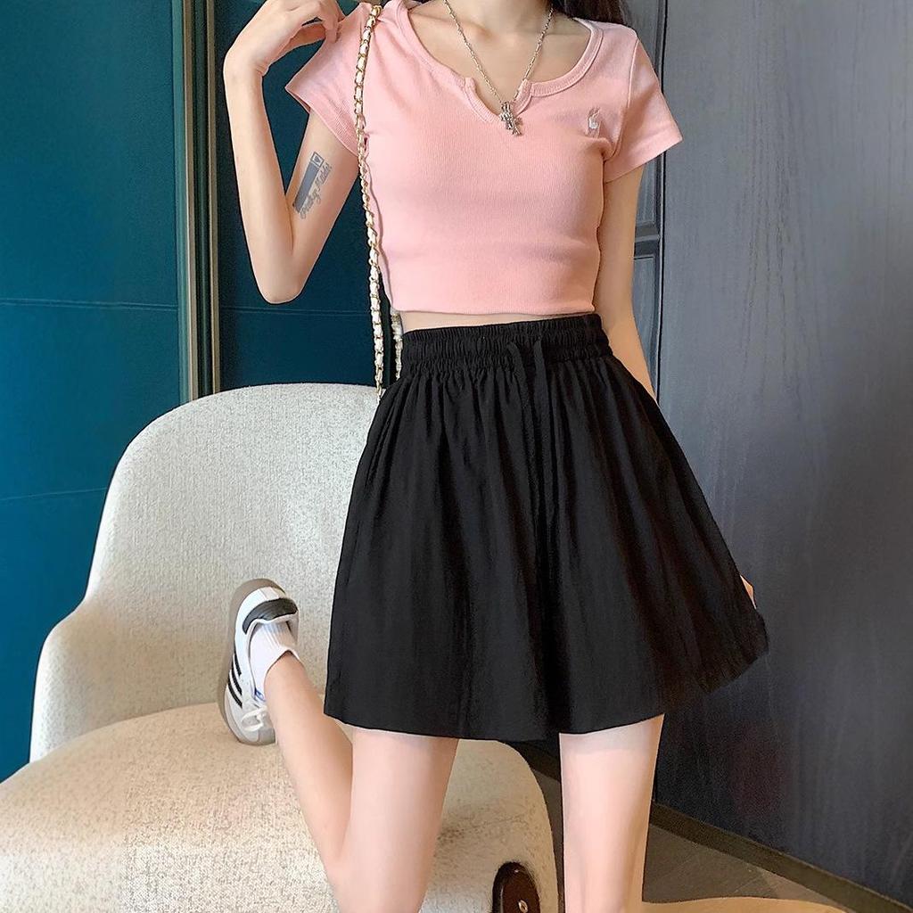 Apricot Ice Silk Women's High-Waist Casual Mid-Length Wide Leg Sports Shorts - Summer 2025