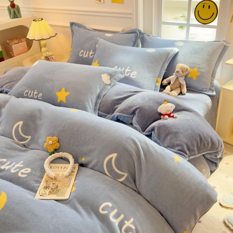 Thickened Milk Fleece Four-Piece Set, Coral Flange Double-Sided Fleece Quilt Cover, Bed Sheet, Bed Hat Three-Piece Set