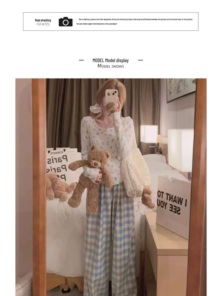 Petite Women’s Dopamine Blue Plaid High-Waist Casual Wide-Leg Pants, Floor-Length Straight Cut for Summer