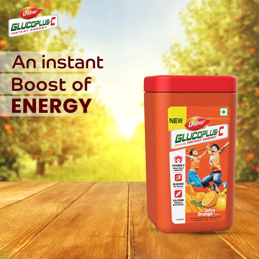 Dabur GlucoPlus-C Instant Energy Glucose Juicy & Tasty Orange Flavour Powder- 400g Jar | Glucose Replenishes Energy | 25% more Glucose| Vitamin C