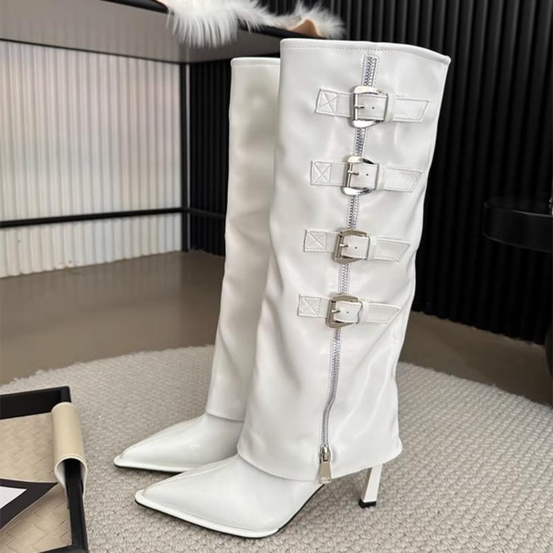 

Fashion Runway style Fashion Patent Leather Belt Metal Buckle Women Motorcycle Knee-High Boots Autumn Winter High Heels Long Boots Shoes 40 белый