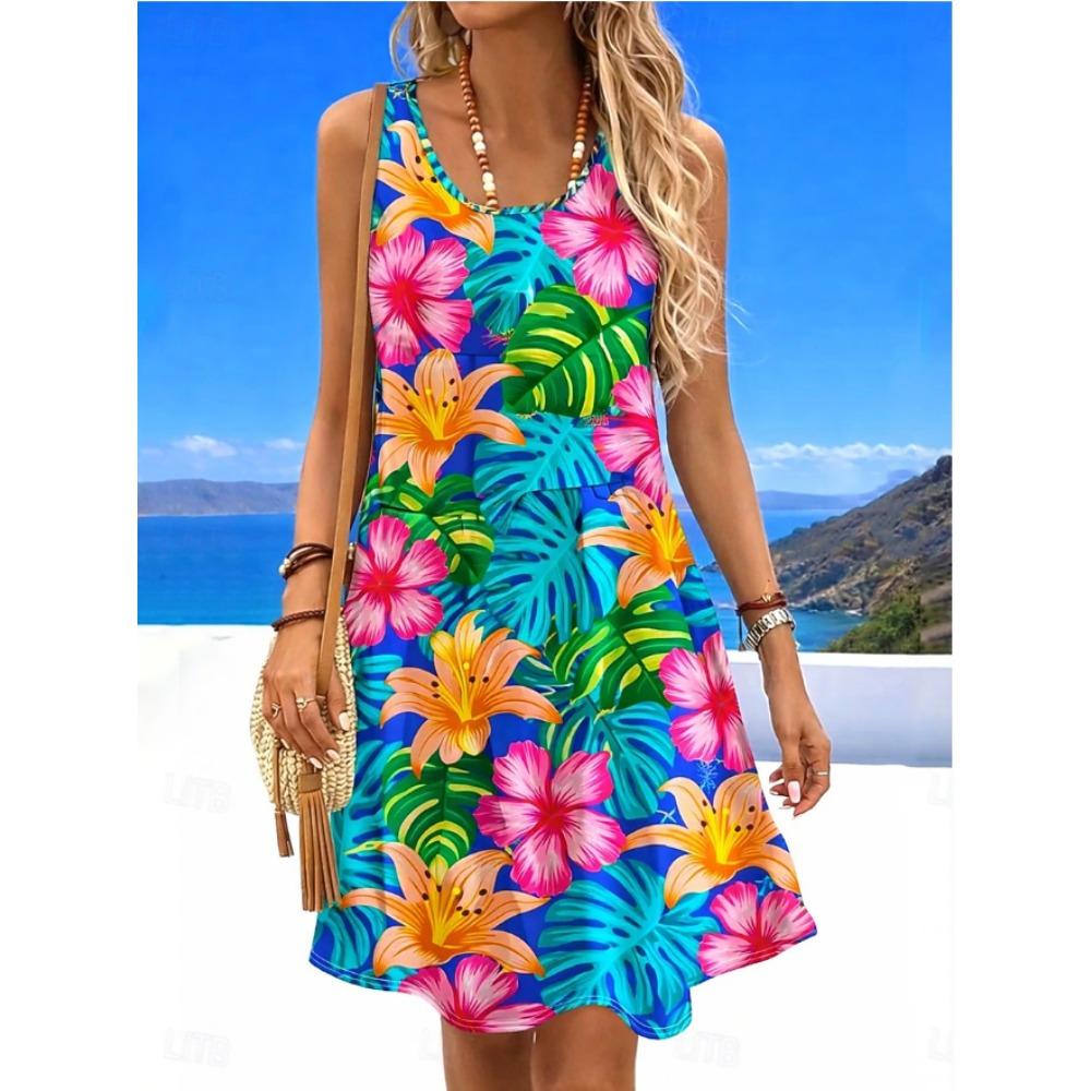 Women's Flowers and Plants Pattern Printed Sleeveless Round Neck Dress Loose Soft and Comfortable Plus Size Dress