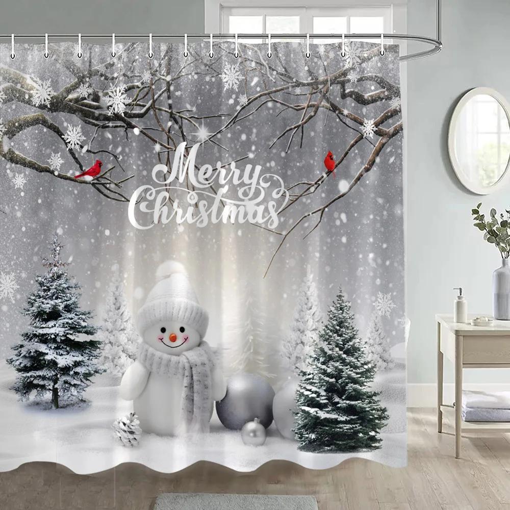 Zima Vánoce Sprchový závěs Legrační sněhulák Xmas Trees Krbové auto Lesní Snowy Scéna Nový rok Holiday Home Dekorace koupelny