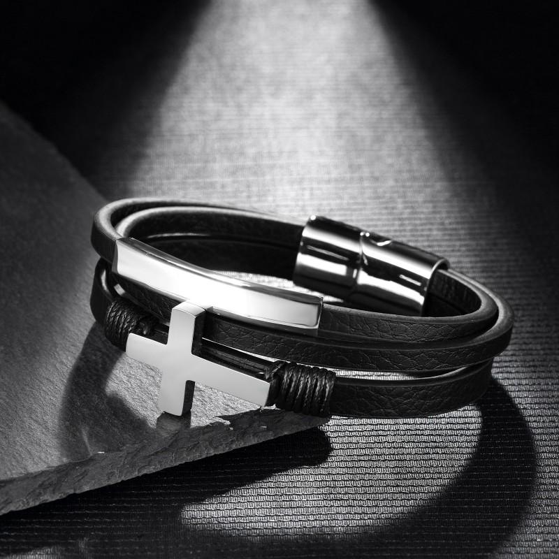 Stainless Steel Cross Bracelet Men Handmade Multi-Layer Leather Cord Geometric Design Minimalist Jewelry